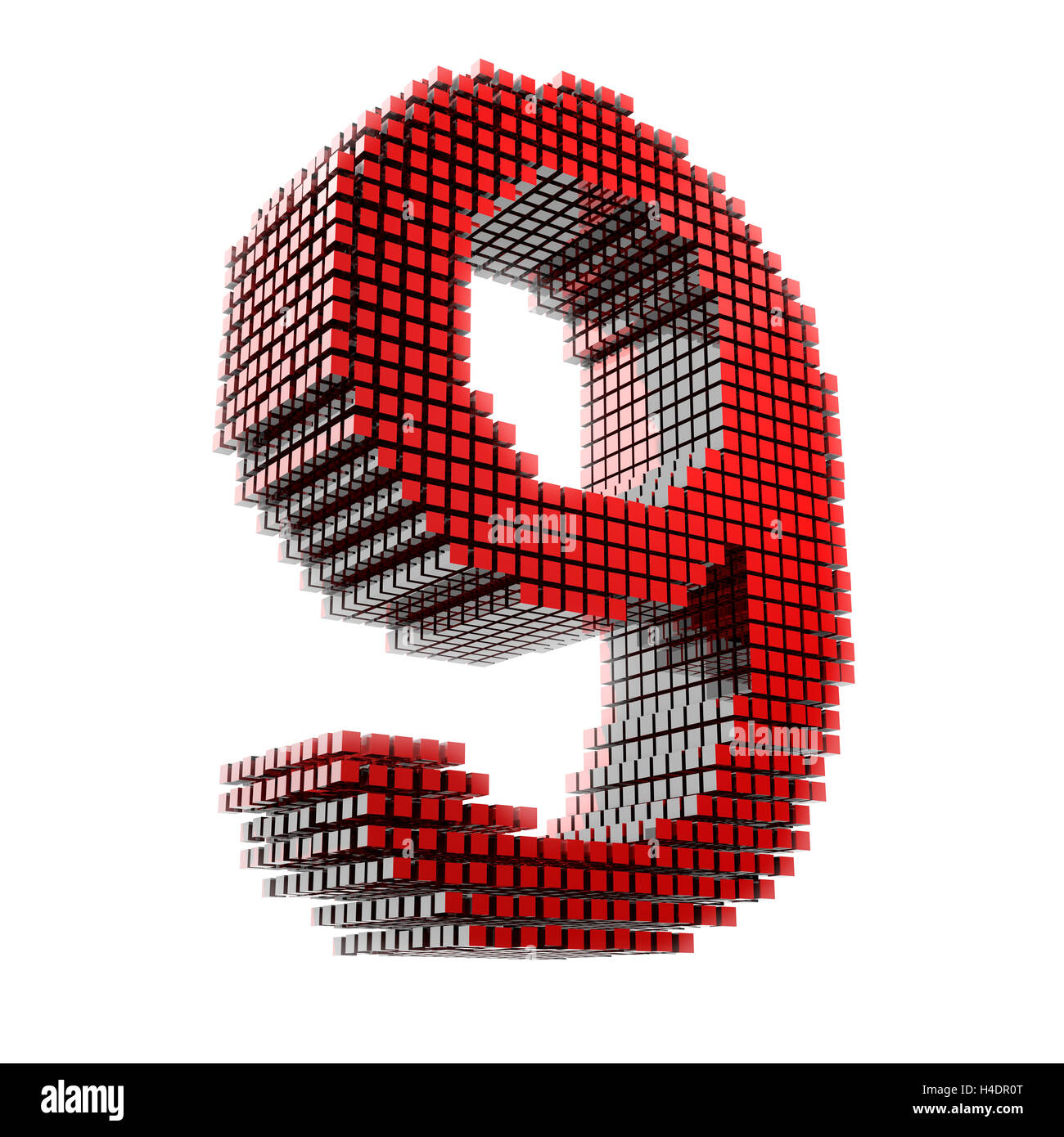 3D-nove cifre in rosso i frammenti di materiale in formato digitale nella parte anteriore del Hntergrund bianco Foto Stock
