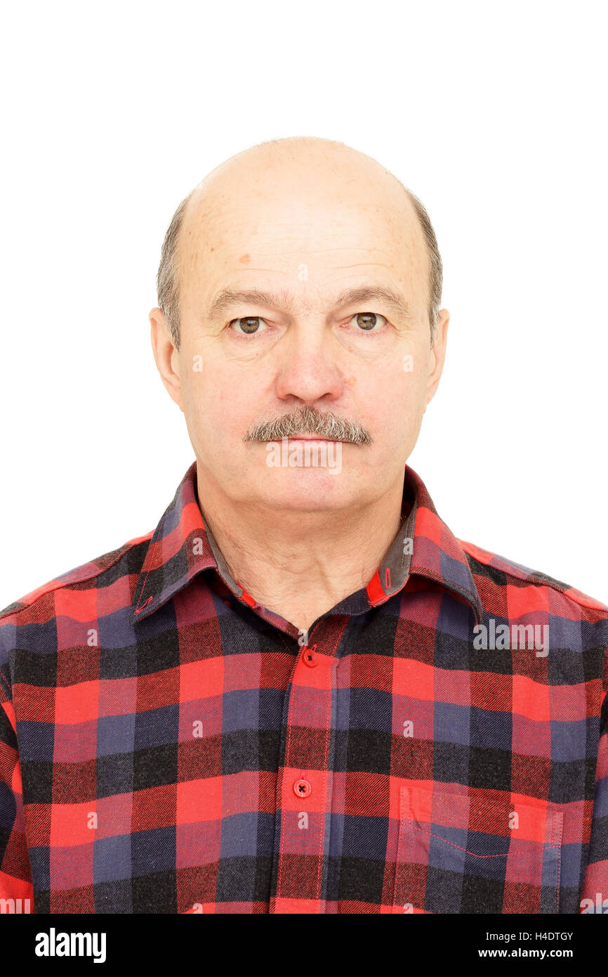 Anziani vecchio uomo con i baffi, uomo calvo in plaid shirt Foto Stock
