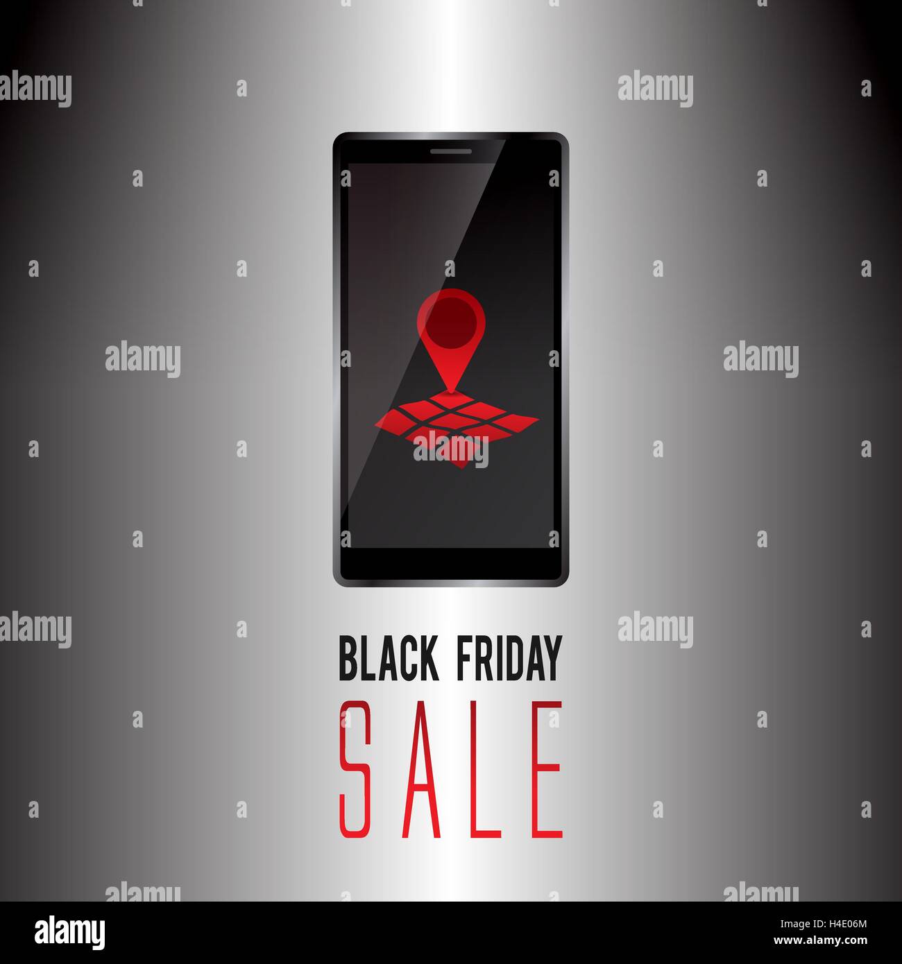 Venerdì nero vendita promo text con un dispositivo mobile e geo simbolo tag sullo schermo pubblicità illustrazione vettoriale Illustrazione Vettoriale