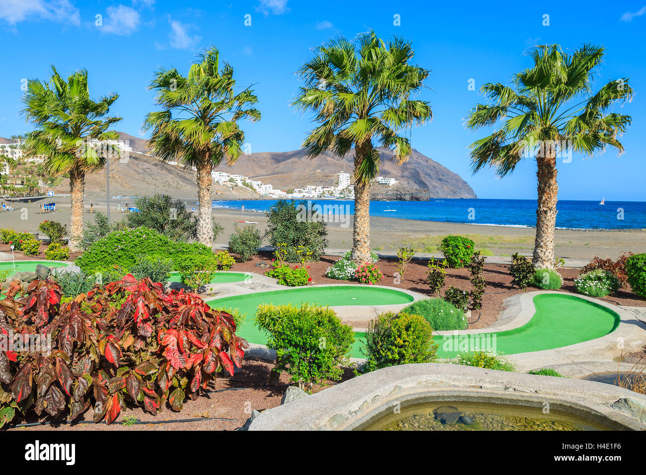 LAS PLAYITAS, Fuerteventura - Febbraio 7, 2014: hotel bellissimo giardino sulla costa di Isola di Fuerteventura. Le isole Canarie sono meta di vacanze. Foto Stock