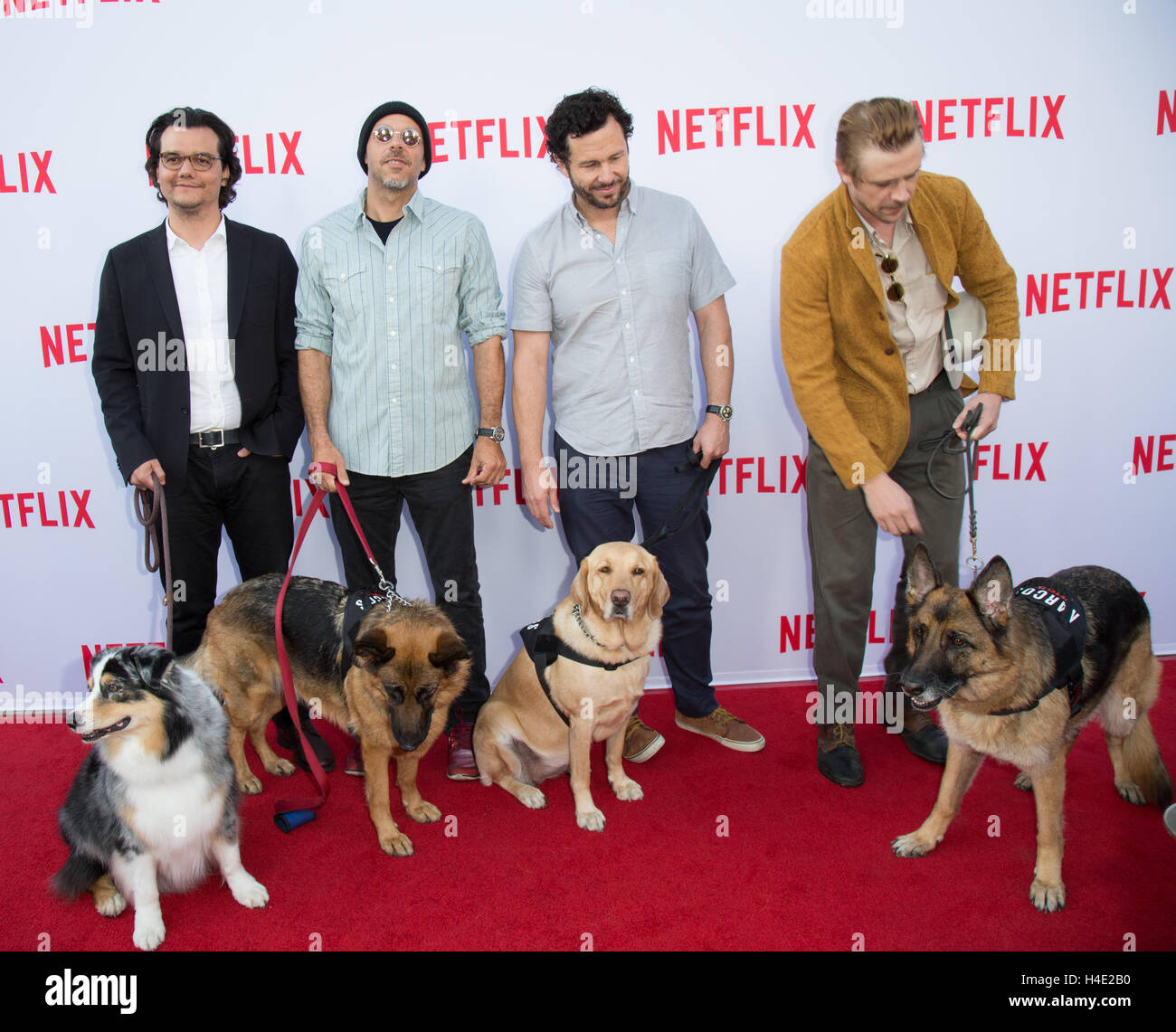 Wagner Moura, José Padilha, Eric Newman, Boyd Holbrook, e Narcos cani frequentare Netflix narcos del Q&una proiezione a Paramount Studios il 11 maggio 2016 a Los Angeles, California, Stati Uniti d'America Foto Stock