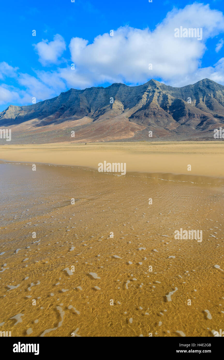 Sea wave sulla sabbia bagnata: Spiaggia Cofete con le montagne sullo sfondo, Fuerteventura, Isole Canarie, Spagna Foto Stock