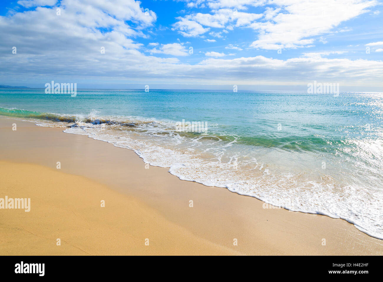 Onda oceano tropicale sulla sabbiosa spiaggia di Jandia, Morro Jable Fuerteventura Isole Canarie, Spagna Foto Stock