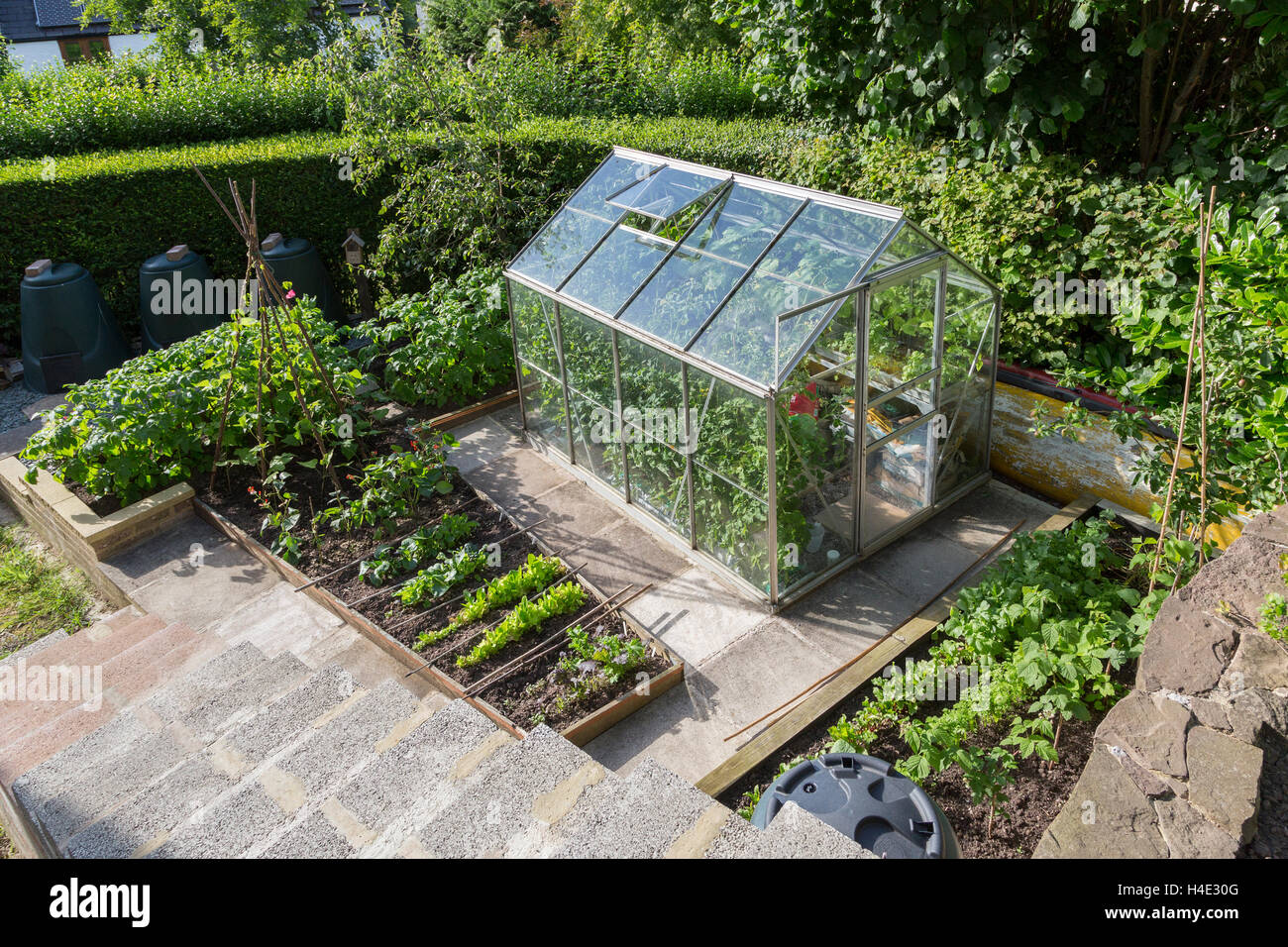 Giardino con serra e orto, Wales, Regno Unito Foto Stock