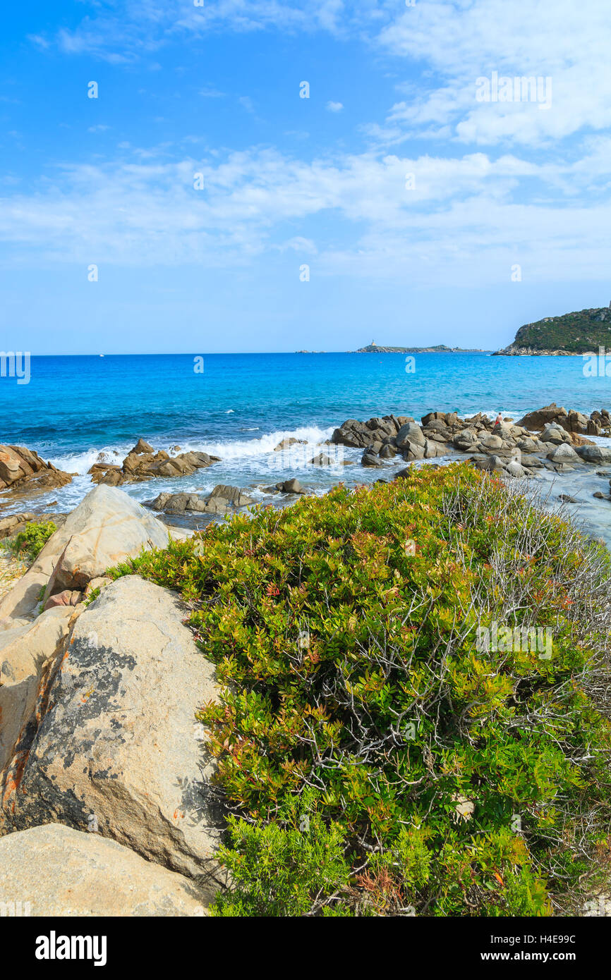 Piante verdi sulle rocce e una vista bellissima sul mare azzurro acqua di Porto Giunco spiaggia, l'isola di Sardegna, Italia Foto Stock