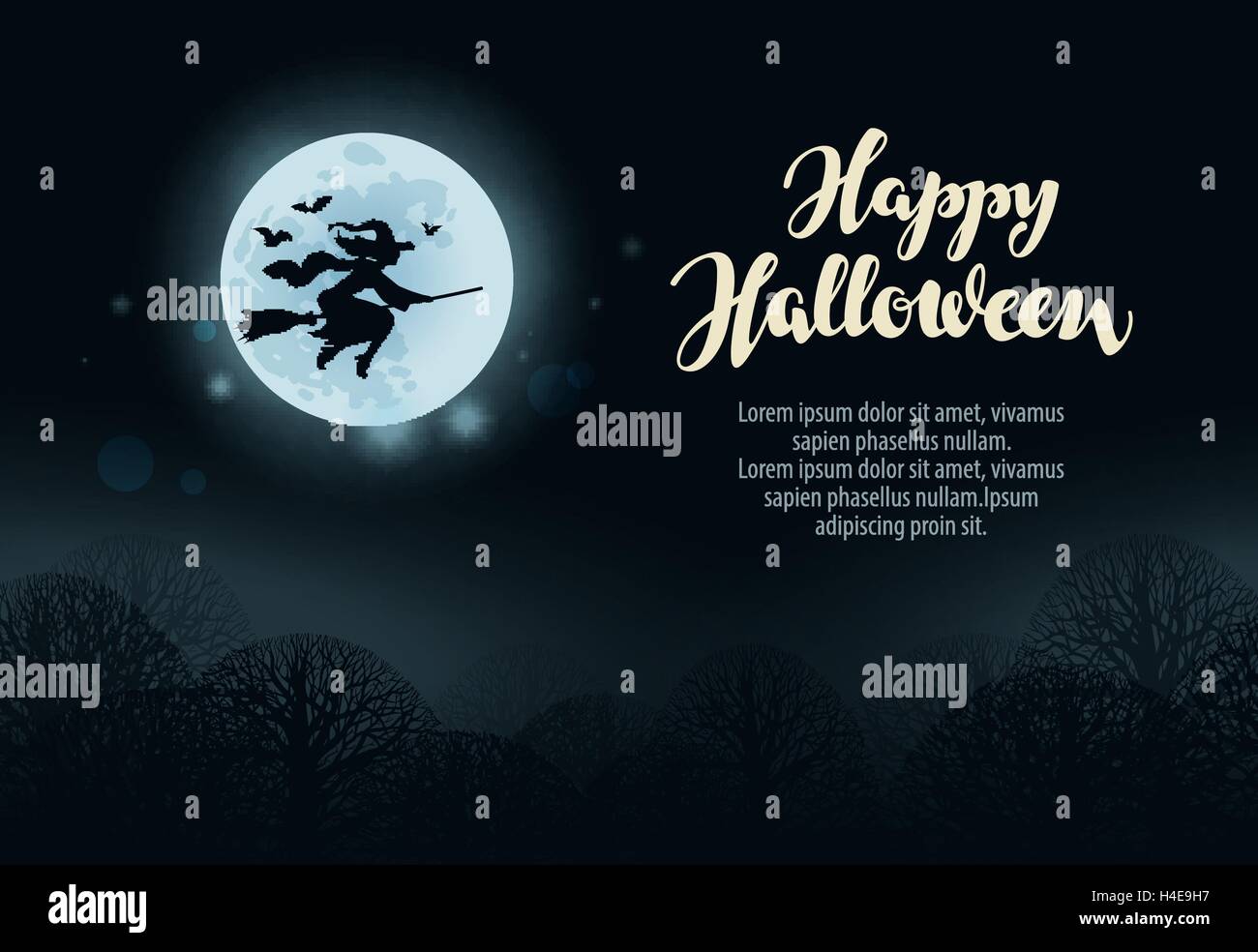 Happy Halloween. Strega vola sul manico nella foresta scura di notte Illustrazione Vettoriale