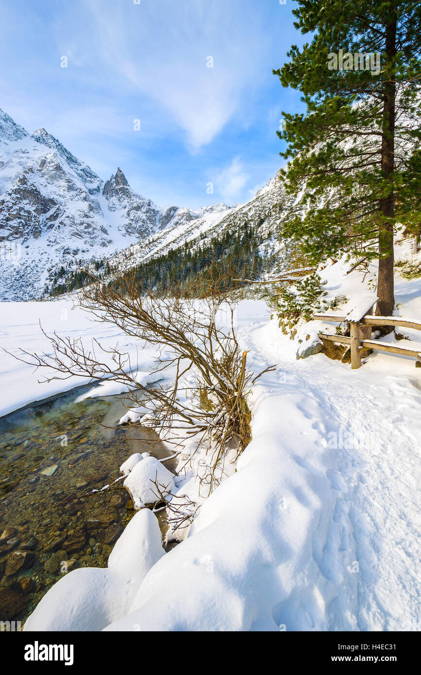 Percorso escursionistico lungo congelati Morskie Oko lago in inverno, Monti Tatra, Polonia Foto Stock
