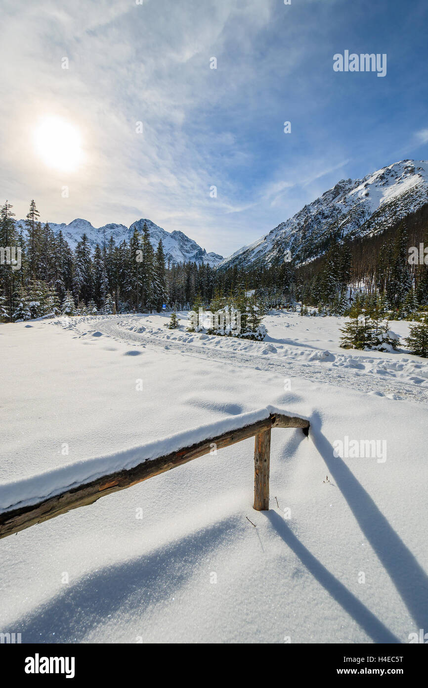 Recinzione in legno in inverno il paesaggio dei Monti Tatra vicino Morskie Oko lago, Polonia Foto Stock