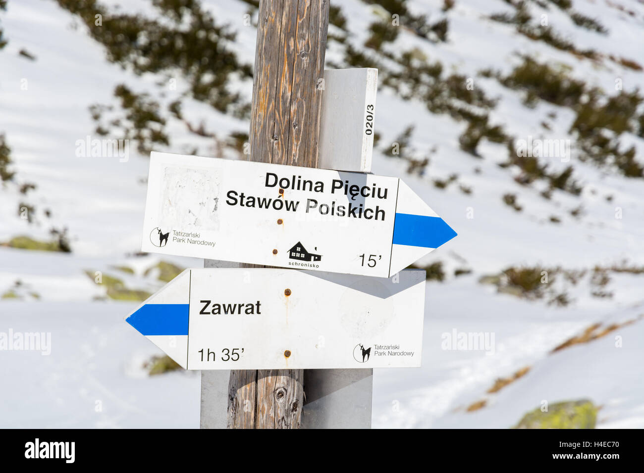 Sentiero di montagna segno con le direzioni e il tempo di percorrenza in 5 laghi valley, Alti Tatra National Park, Polonia Foto Stock