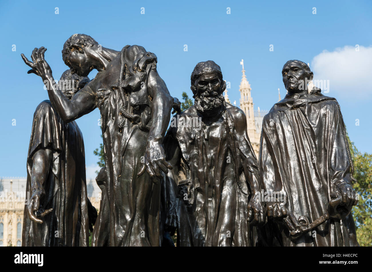 I Borghesi di Calais scultura di Rodin nella torre di Victoria Gardens, Londra Foto Stock