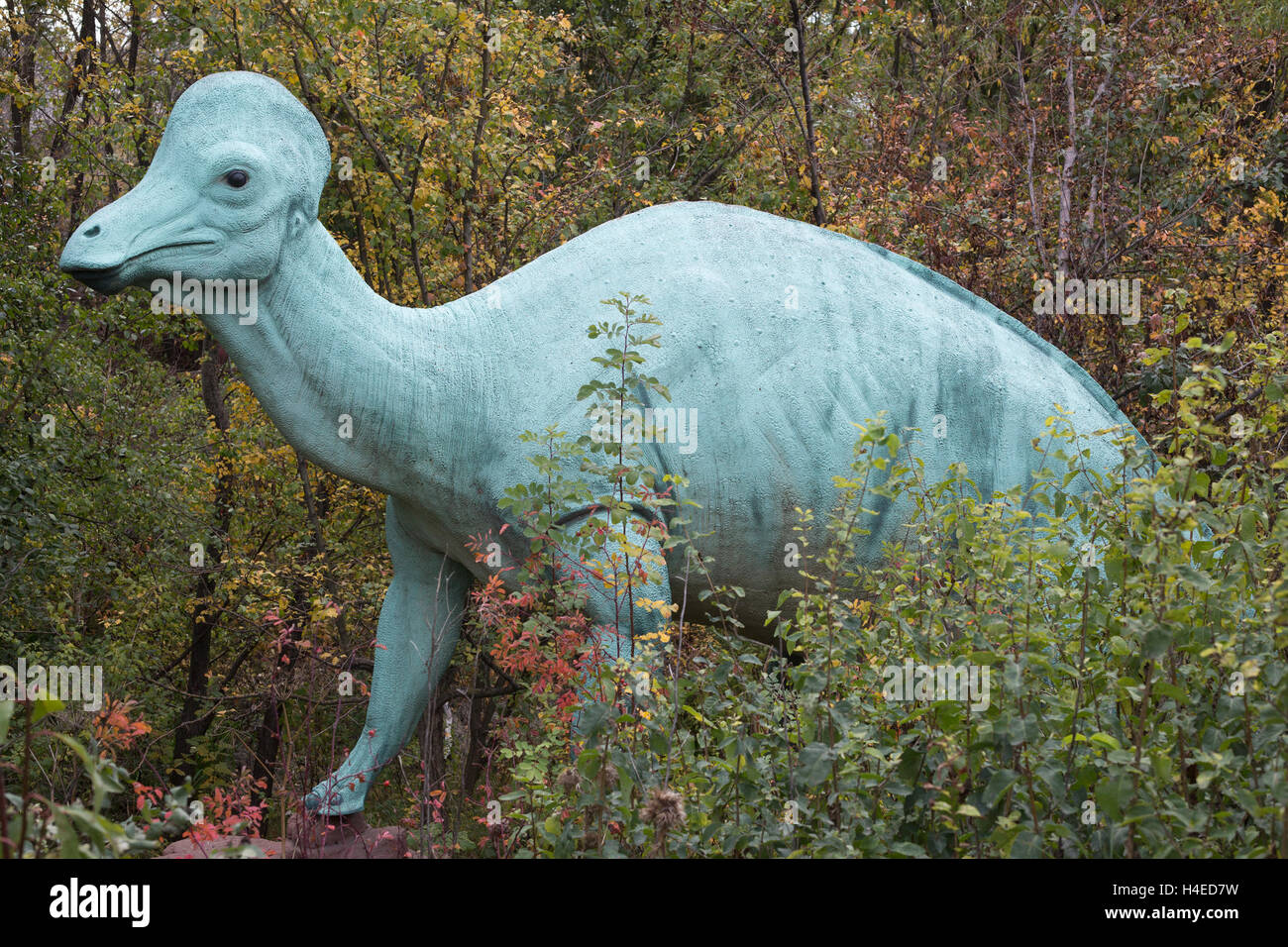Modello di dinosauro Corythosaurus in un parco preistorico presso lo zoo di Calgary Foto Stock