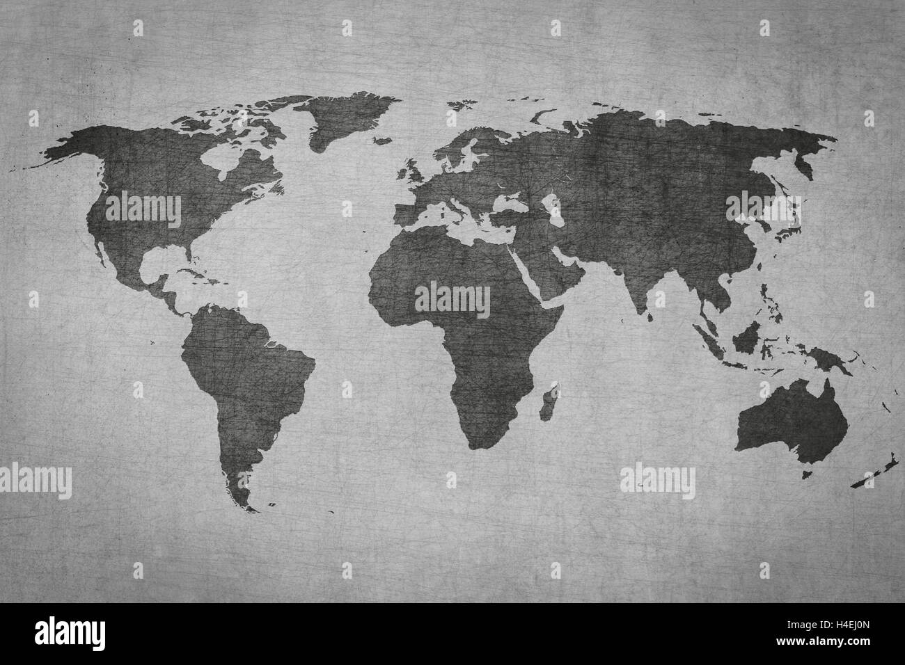 Textured vintage mappa del mondo su grigio grungy sfondo Foto Stock