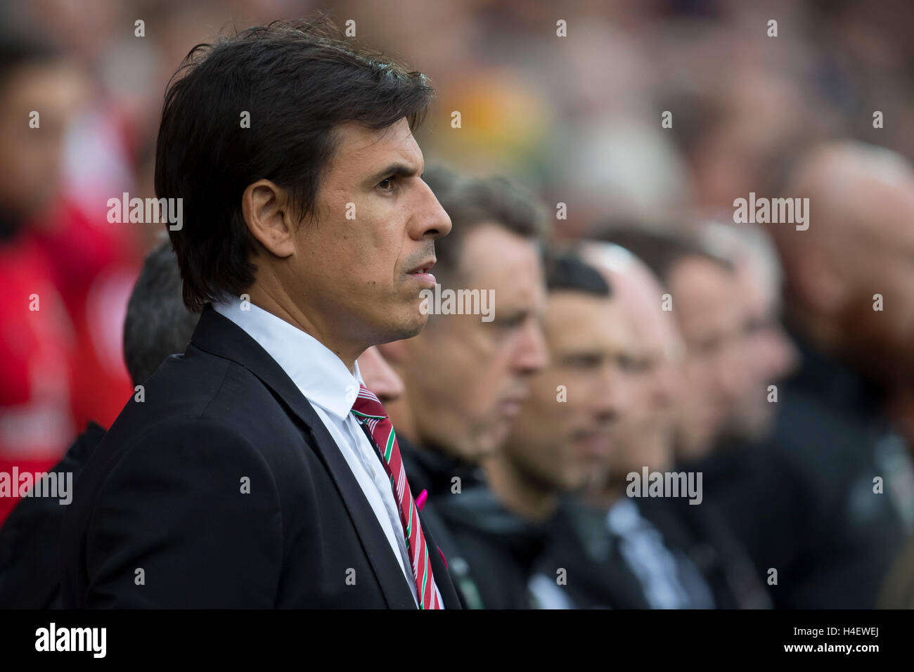 Wales football manager Chris Coleman sul perimetro. Foto Stock