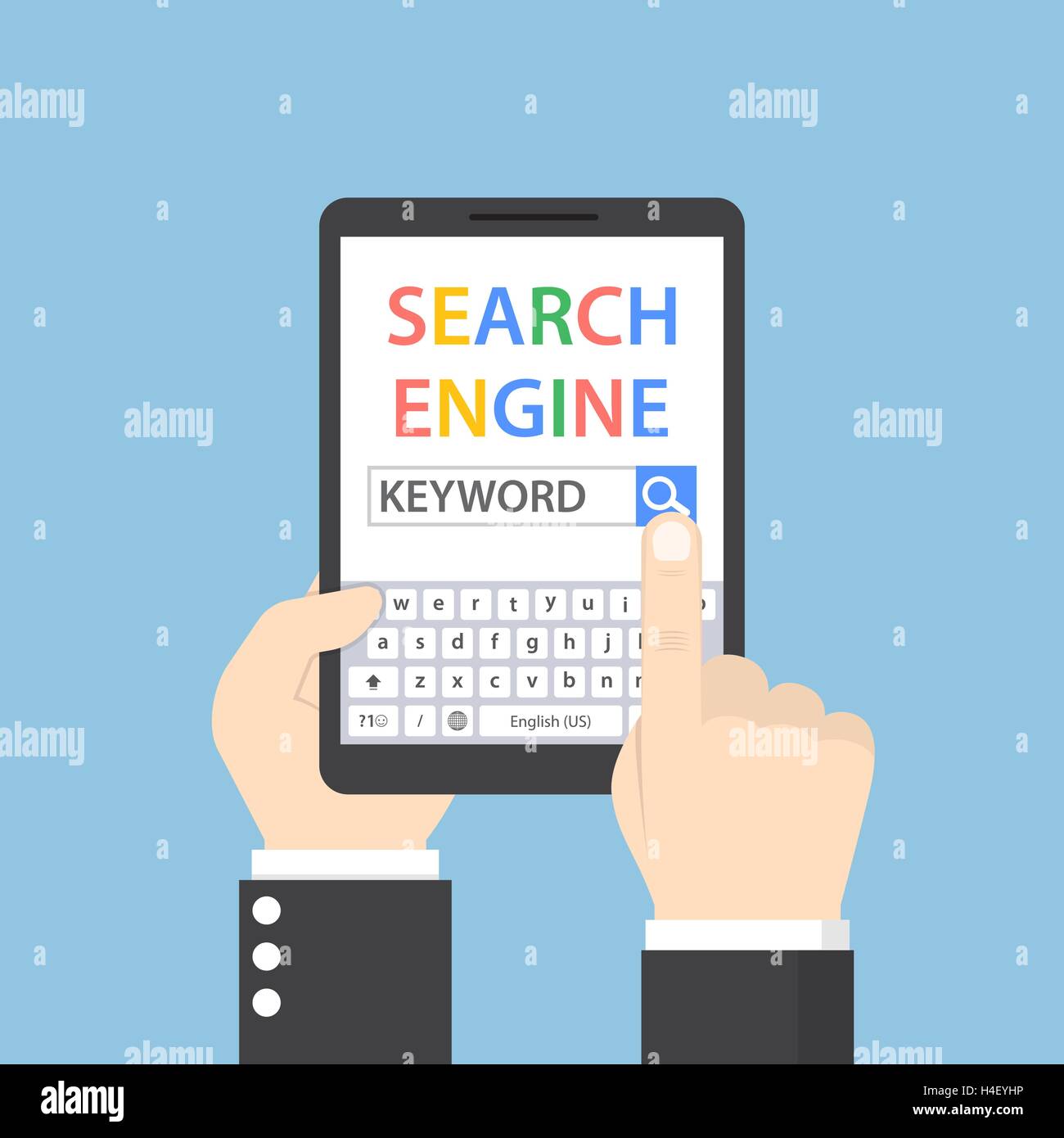 Imprenditore ricerca per parola chiave sul motore di ricerca per compressa, motore di ricerca il concetto di servizio Illustrazione Vettoriale