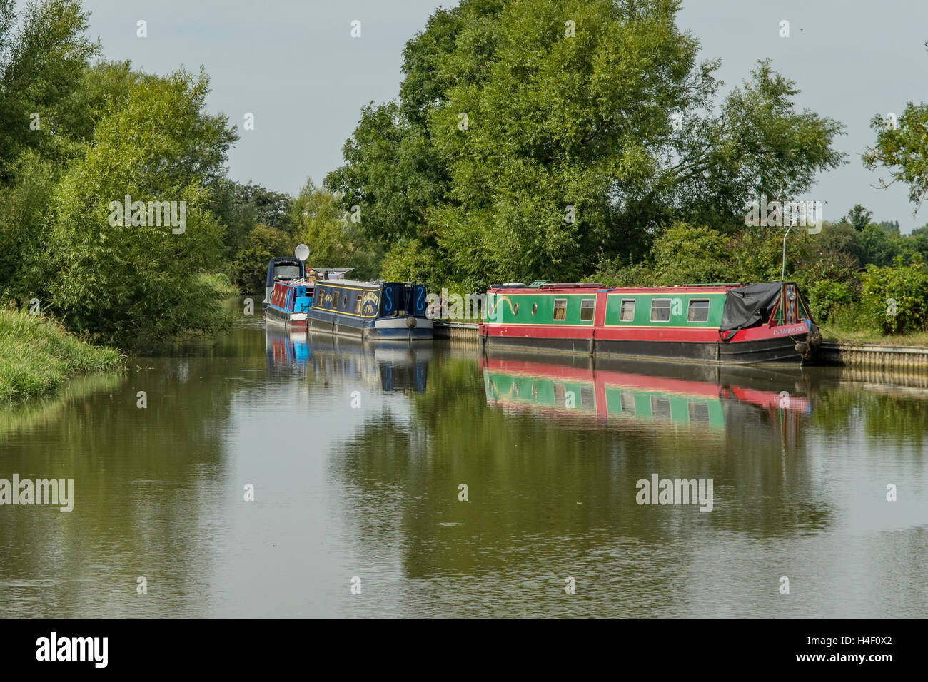 Strette barche ormeggiate sul Grand Union Canal, vicino Linslade, Bedfordshire, Inghilterra Foto Stock