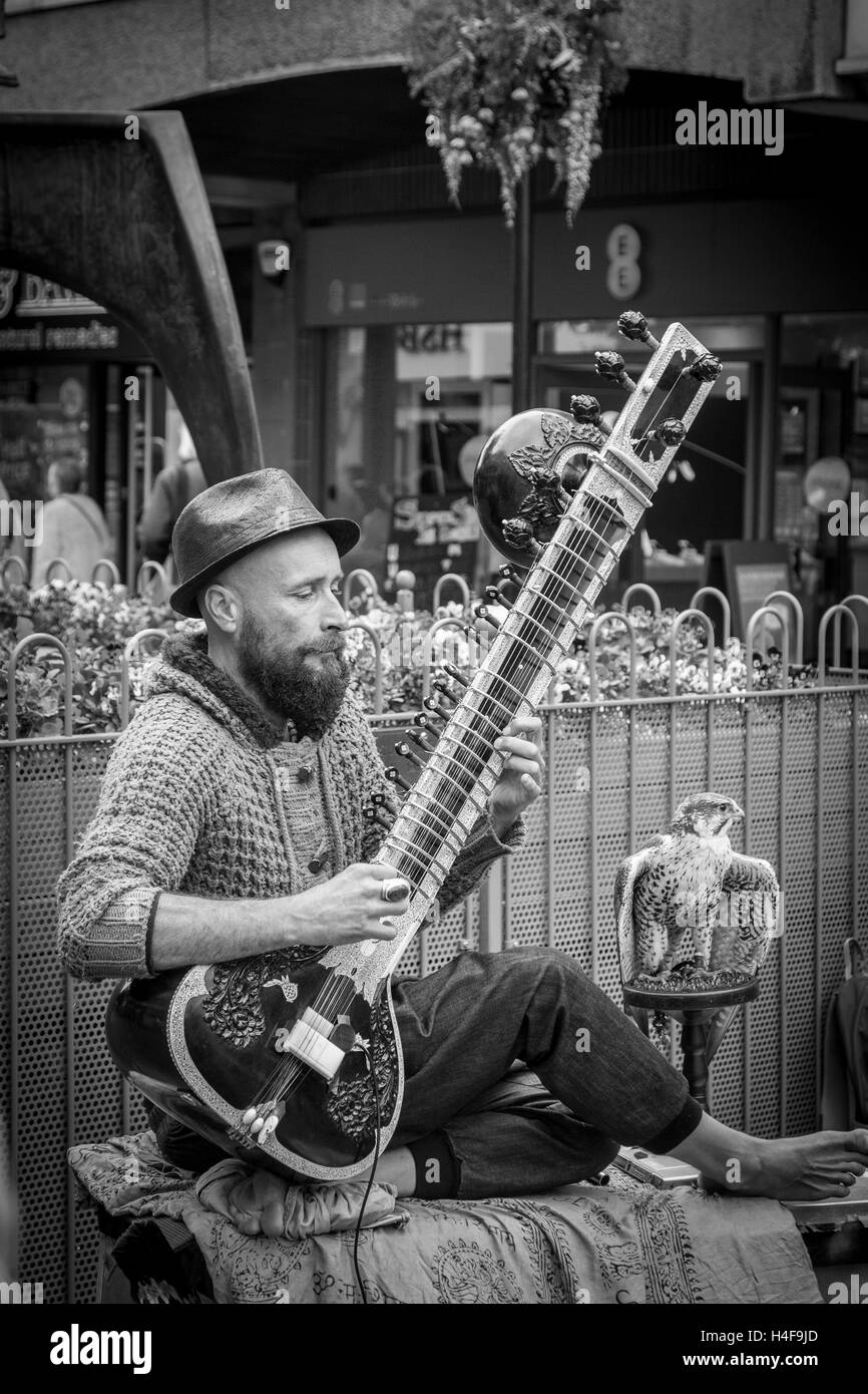 Buskers giocando un Grand Pro Tun Sitar un strumento indiano in Abington Street, centro di Northampton. Foto Stock