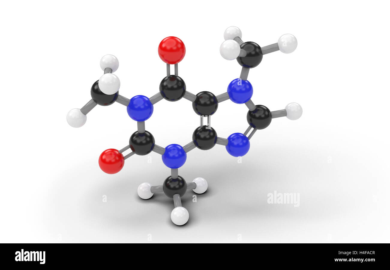 Il modello strutturale della molecola di caffeina. 3D render. Foto Stock