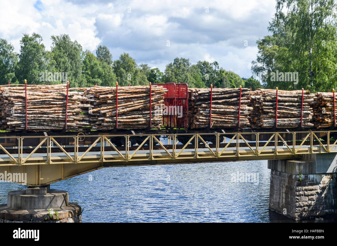 Treno Il trasporto di ciocchi di legna a Sunne, Svezia. Il legno è una delle principali esportazioni della Svezia Foto Stock