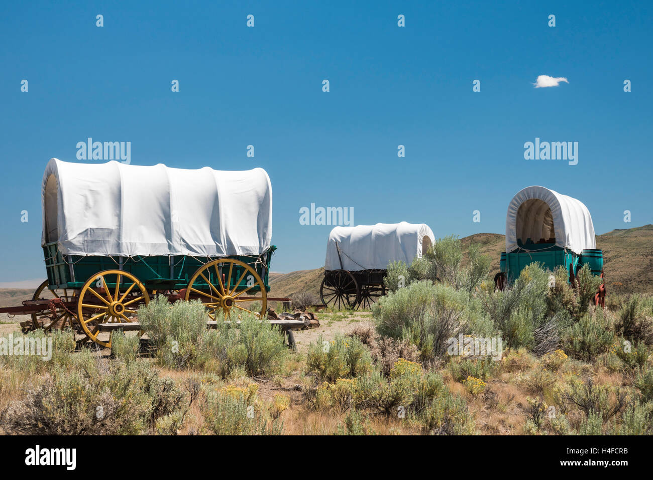 Carri coperti presso il National Historic Oregon Trail Interpretive Center di Flagstaff Hill vicino a Baker City, Oregon. Foto Stock