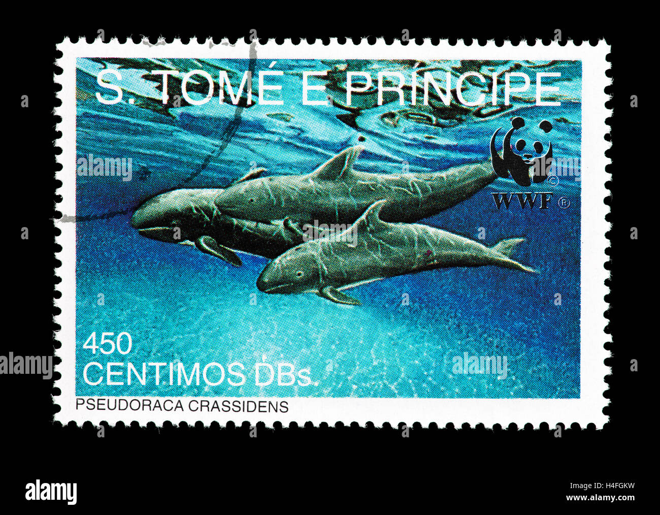 Francobollo da san Tommaso e Principe Isole raffiguranti false orche (Pseudorca crassidens) Foto Stock