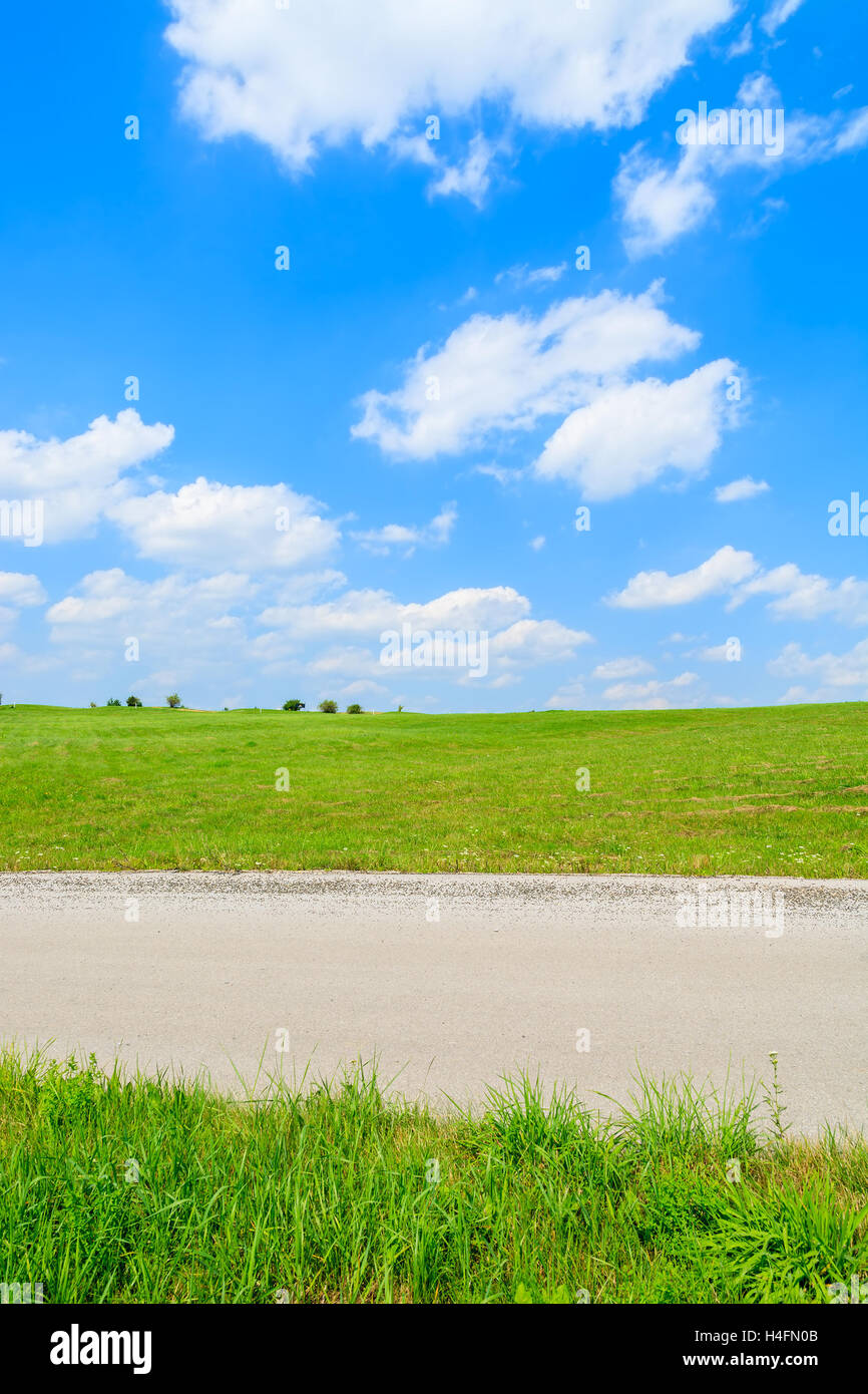 Strada in campi verdi con il bianco delle nuvole sulla soleggiata cielo blu, Polonia Foto Stock