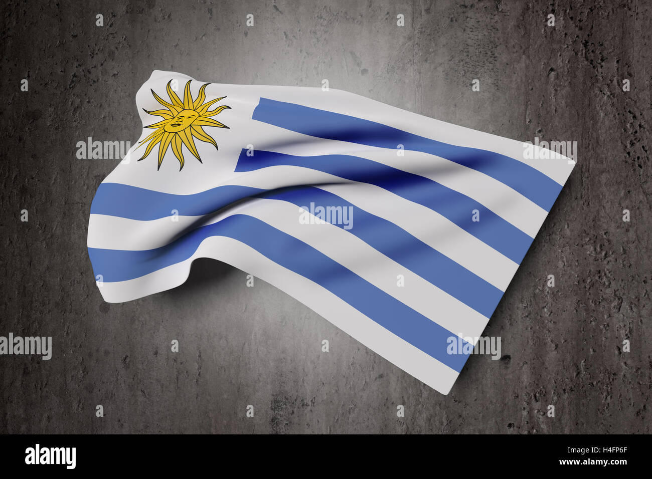 3D rendering della Repubblica orientale dell' Uruguay bandiera sventola su sfondo sporco Foto Stock