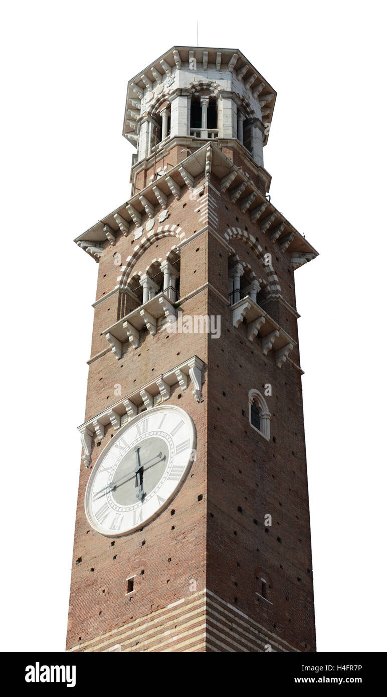Torre dei Lamberti in Piazza delle Erbe, Verona, Italia, isolato su bianco. Foto Stock