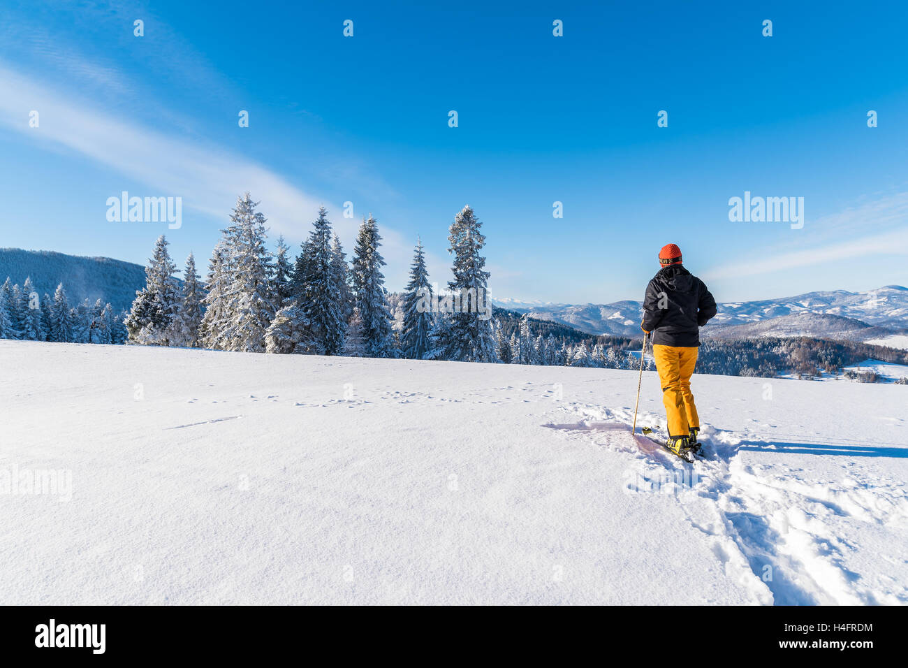 BESKID SADECKI MONTAGNE, Polonia - 31 DIC 2014: donna sciatore nel paesaggio invernale sulla giornata di sole. Lo sci è uno sport popolare in Polonia meridionale Foto Stock