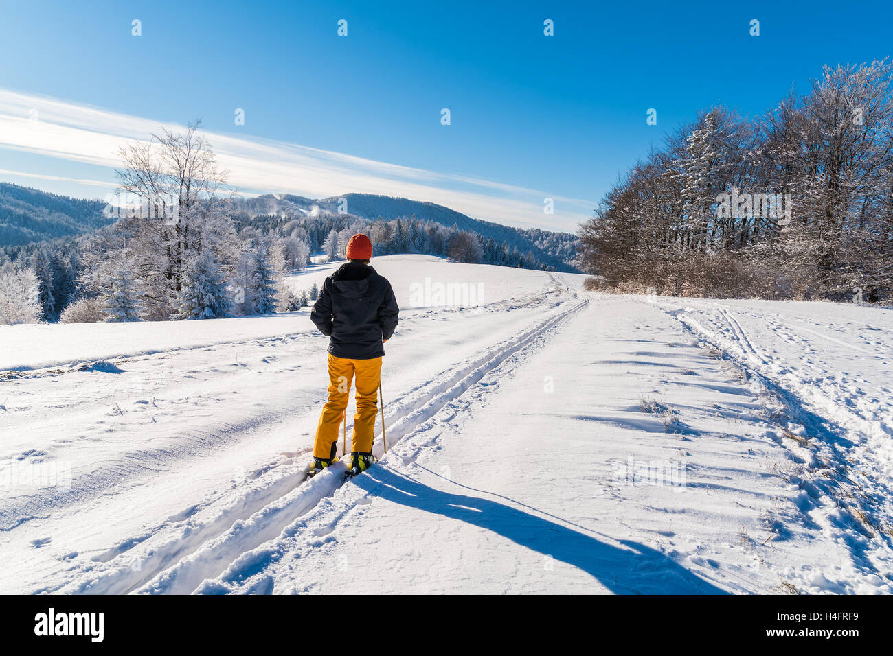 Sciatore in pista nel paesaggio invernale di Beskid Sadecki montagne sulla giornata di sole, Polonia Foto Stock