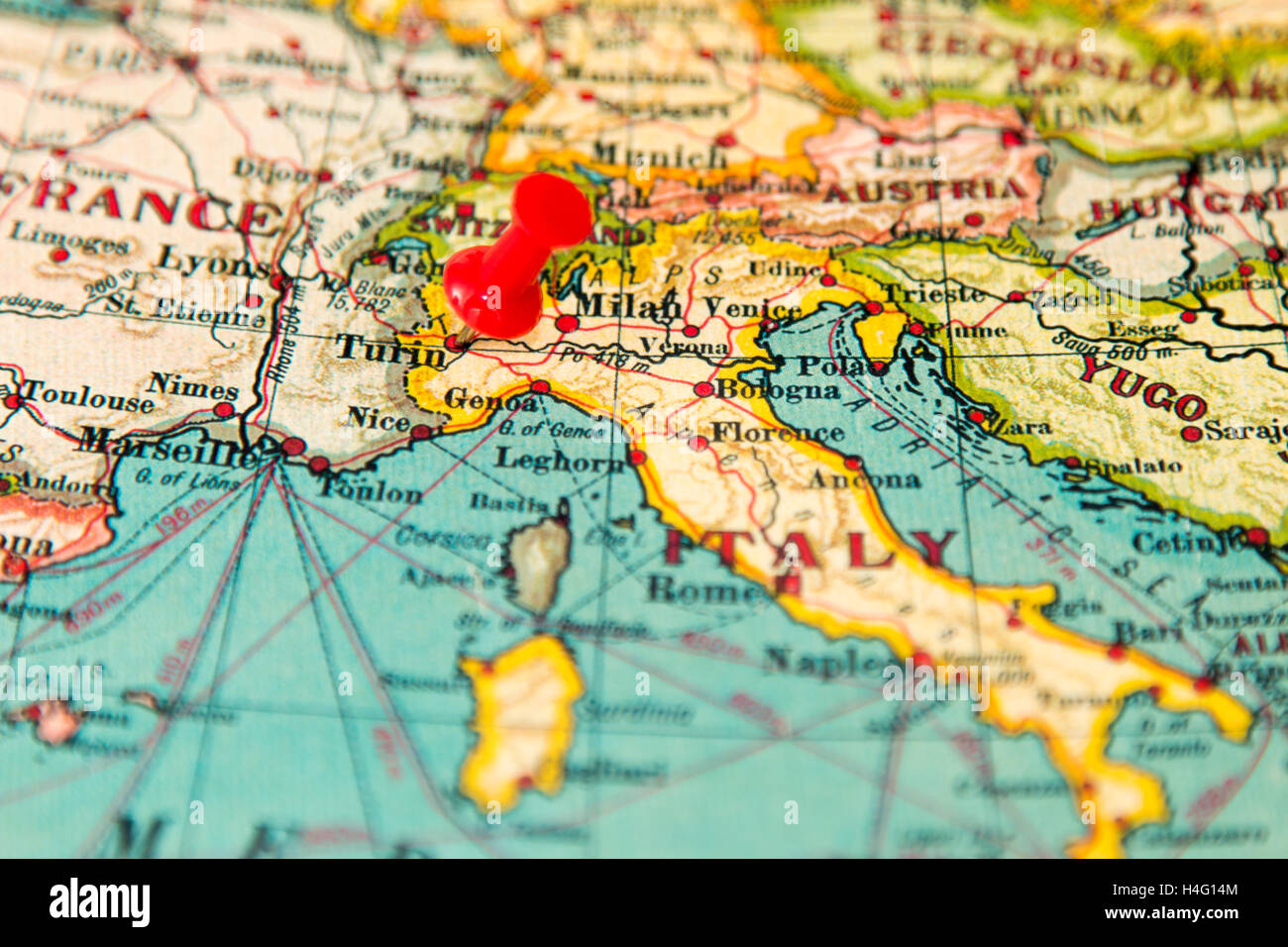 Torino, Italia imperniata su vintage Mappa di Europa Foto Stock