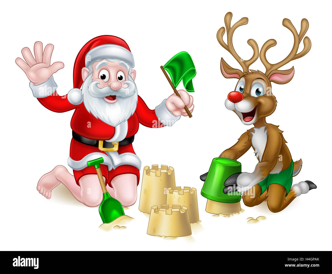 Christmas Santa Claus e dal naso rosso renne i personaggi dei cartoni animati giocando su una spiaggia rendendo sandcastles Foto Stock