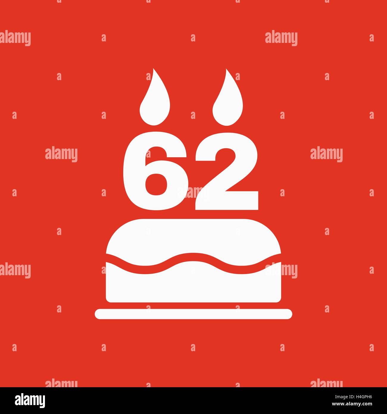 La torta di compleanno con candele sotto forma di numero di icona 62. Simbolo di compleanno. Appartamento Illustrazione Vettoriale