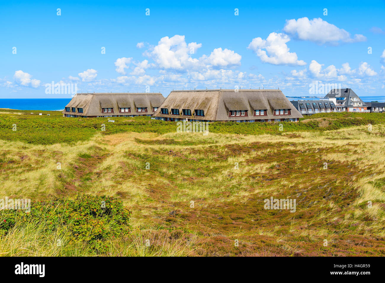 Vista di tipiche case con tetti di paglia a Kampen villaggio sulla costa occidentale dell isola di Sylt, Germania Foto Stock