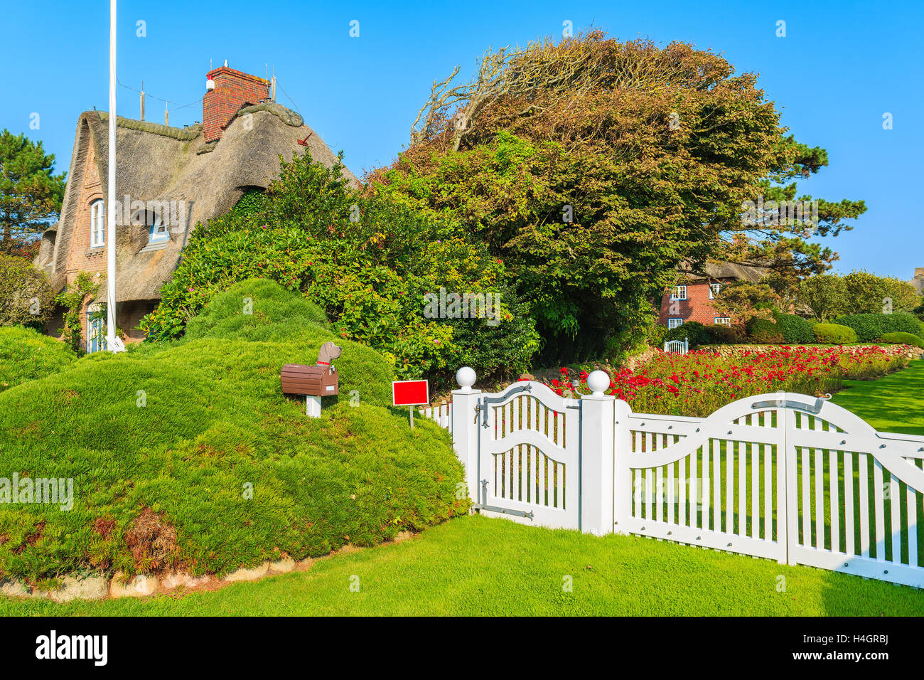 Casa bianca gate e giardino di rose a Kampen villaggio sull isola di Sylt, Germania Foto Stock