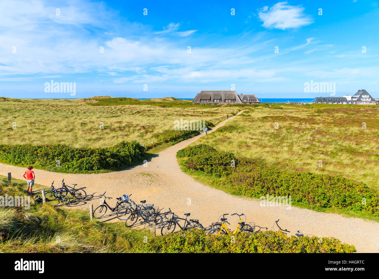 Isola di Sylt, Germania - Sep 11, 2016: Biciclette parcheggiate sul sentiero costiero a Kampen villaggio sulla costa occidentale dell isola di Sylt, Germania. Foto Stock