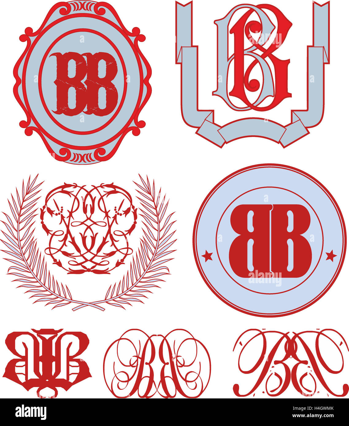 Set di BB monogrammi e decorativi modelli emblema con due lettere BB. Vettore Collezione. Foto Stock