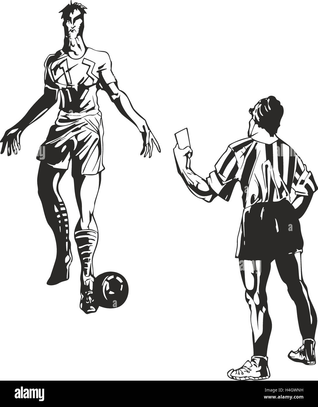 Arbitro di calcio richiede una scheda per il giocatore. Bianco e nero sport illustrazione. Foto Stock