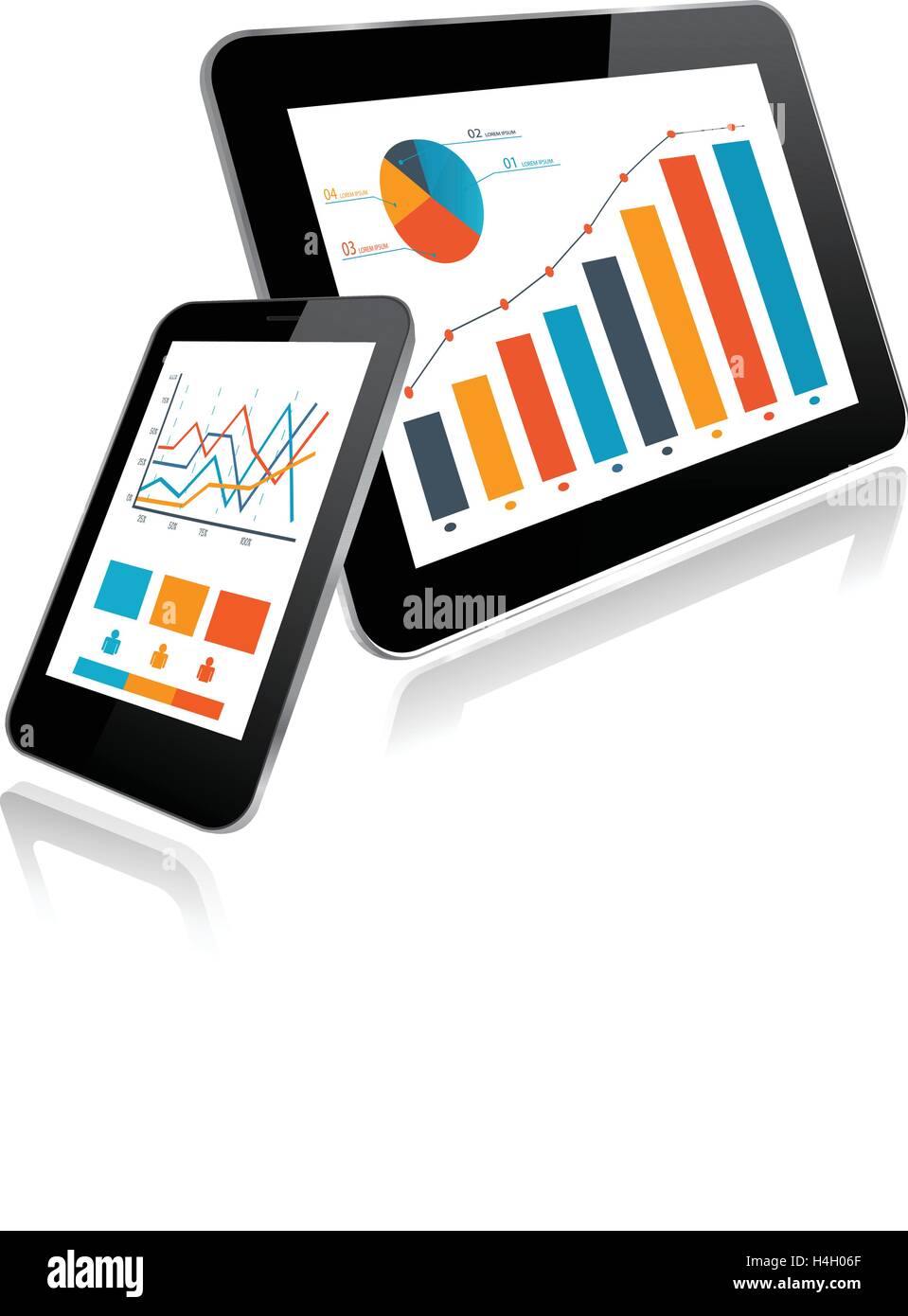 Tablet PC e smartphone con il grafico delle statistiche Illustrazione Vettoriale