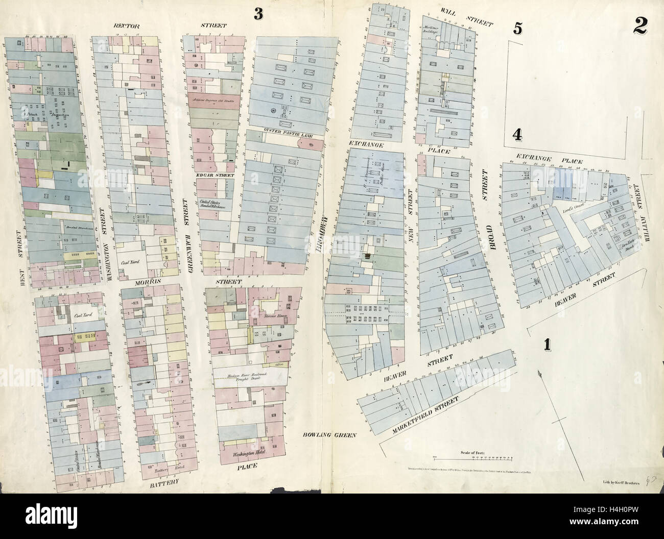 La piastra 2: Mappa delimitata da Rector Street, Broadway, Wall Street, Broad Street, Exchange Place, William Street, Beaver Street Foto Stock