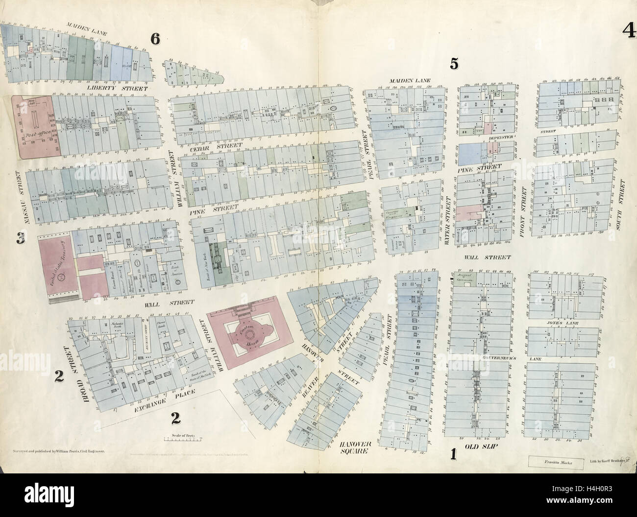 Piastra 4: Mappa delimitata da Maiden Lane, South Street, vecchio di slittamento, William Street, luogo di scambio, Broad Street e Nassau Street. 1857 Foto Stock
