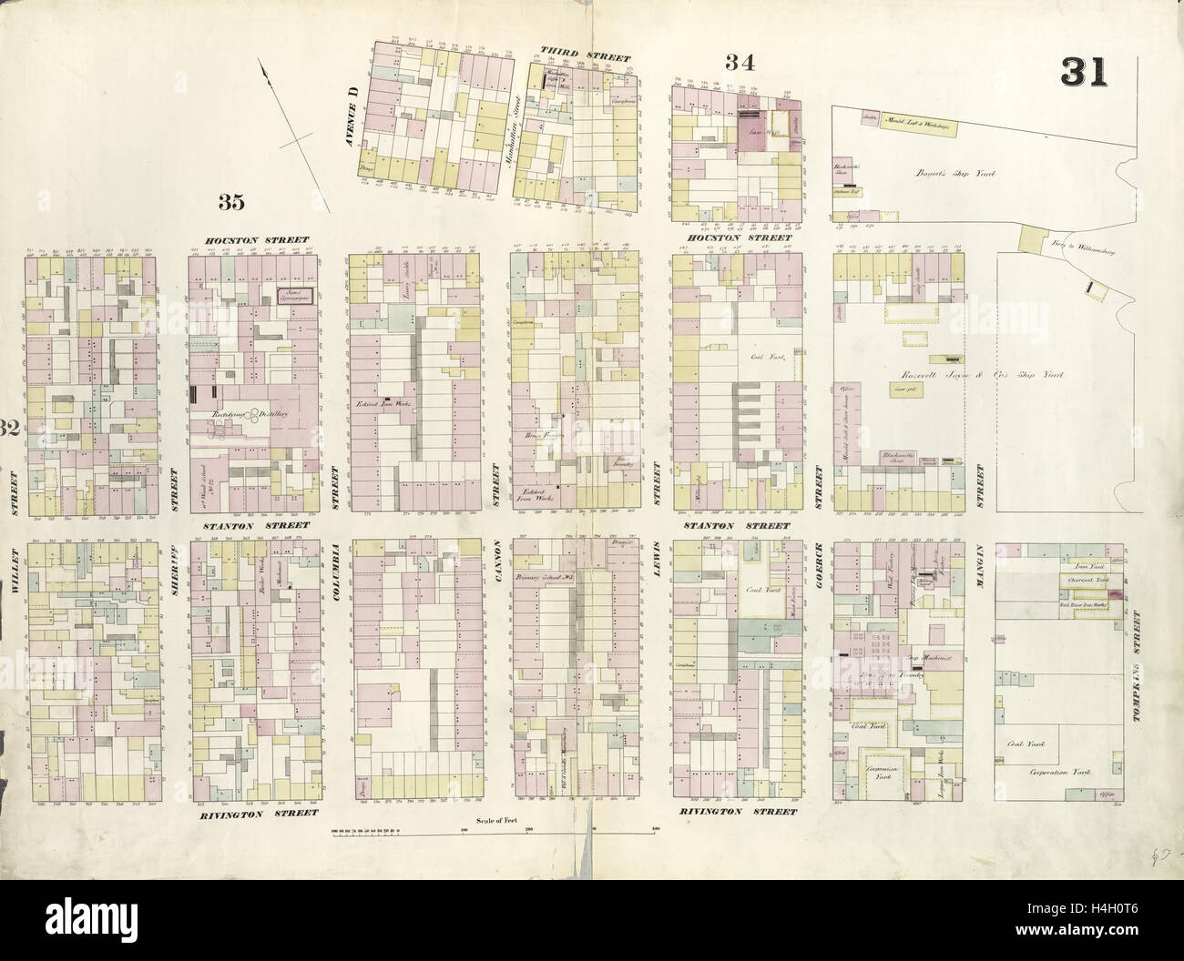 La piastra 31: mappa delimitata da Houston Street Avenue D, 3rd Street, East Street, Rivington Street, Willett Street. 1857, 1862 Foto Stock