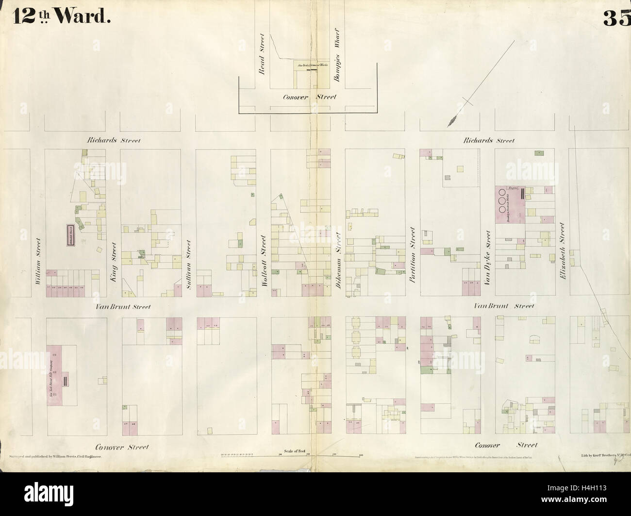 La piastra 35: mappa delimitata da William Street, Richards Street, Elizabeth Street, Conover Street. 1855, William Perris, Brooklyn Foto Stock
