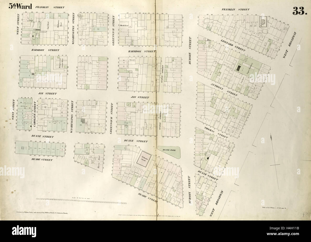 La piastra 33: mappa delimitata da Franklin Street, West Broadway, Reade Street, West Street. 1852, 1854, William Perris, New York, N.Y. Foto Stock