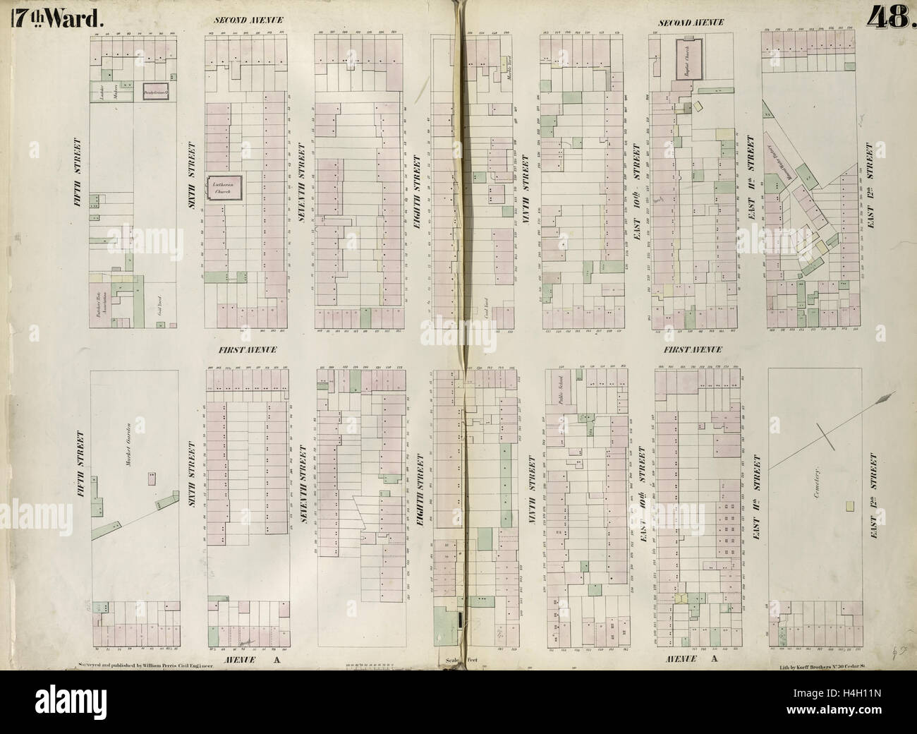 La piastra 48: mappa delimitata da East 12th Street, Avenue A, Fifth Street, Second Avenue. 1852, 1854, William Perris, New York, N.Y. Foto Stock