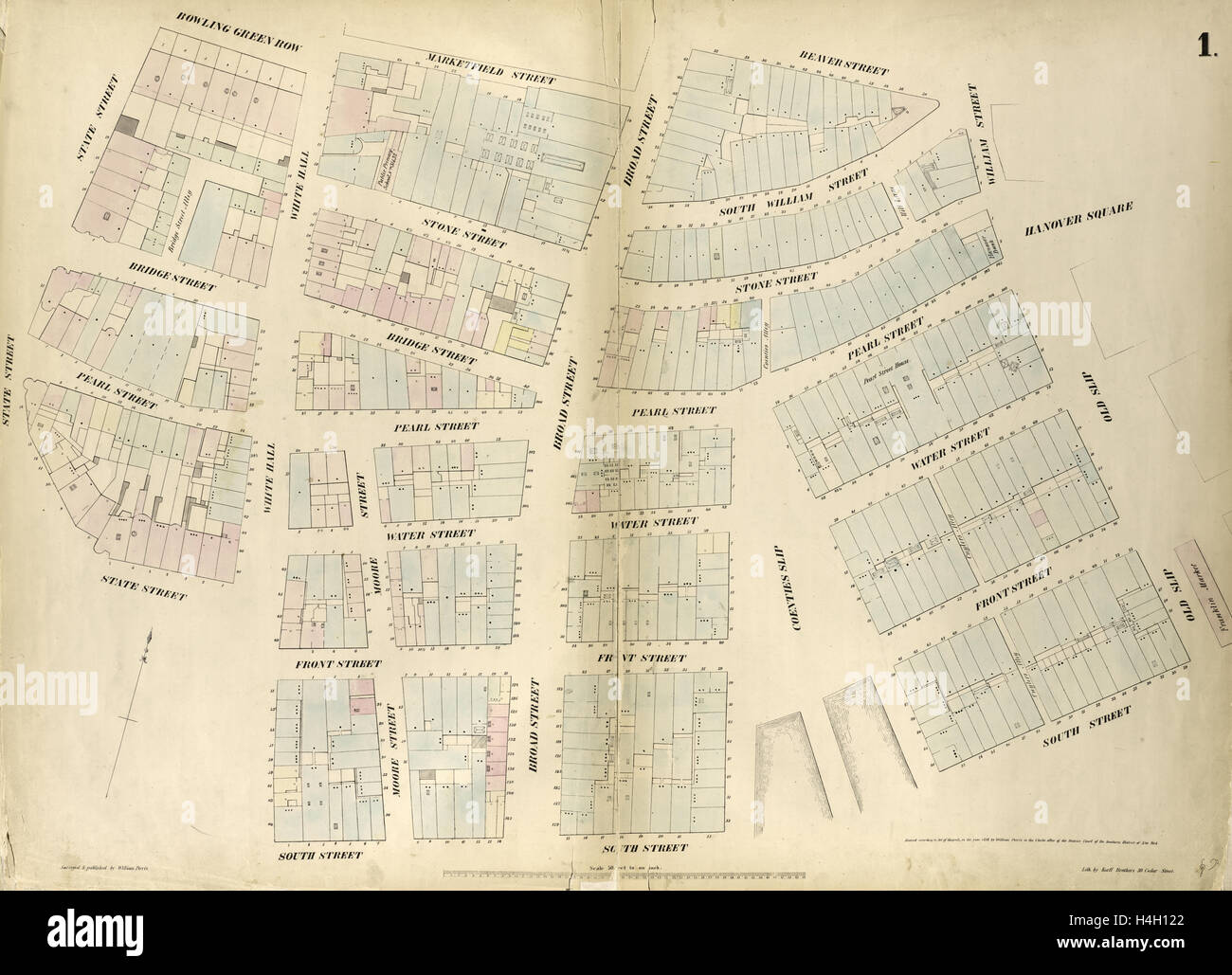 La piastra 1: Mappa delimitata da Bowling Green fila, Marketfield Street, Beaver Street, William Street, vecchio di slittamento, South Street, Whitehall Foto Stock