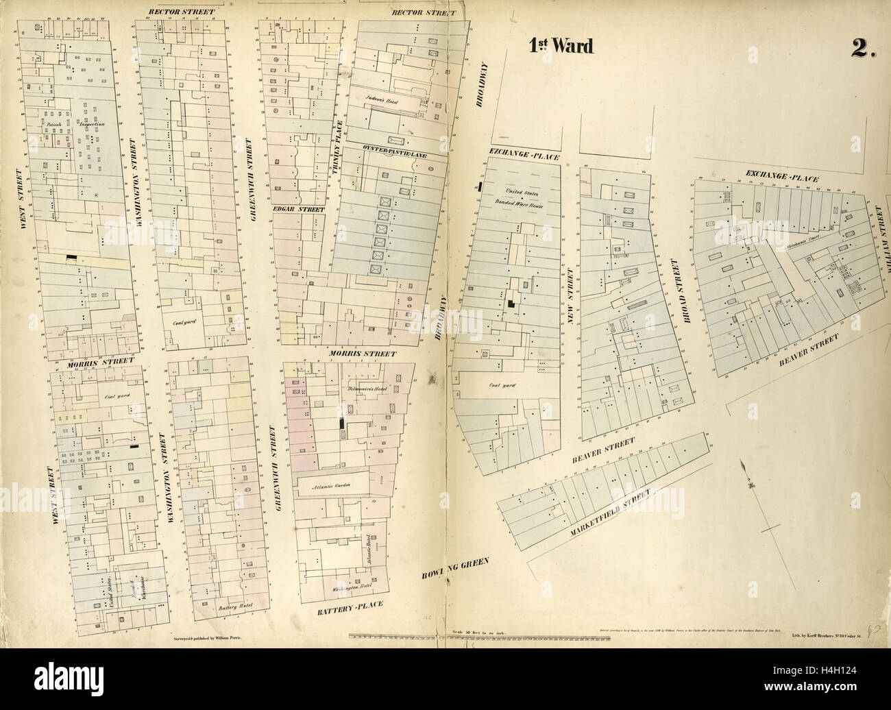 La piastra 2: Mappa delimitata da Rector Street, Broadway, Exchange Place, William Street, Beaver Street, Broad Street, Marketfield Street Foto Stock