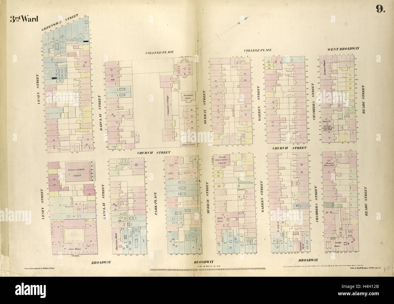 La piastra 9: Mappa delimitata da Greenwich Street, Barclay Street, College Place, West Broadway, Reade Street e Broadway, Vesey Street. Foto Stock