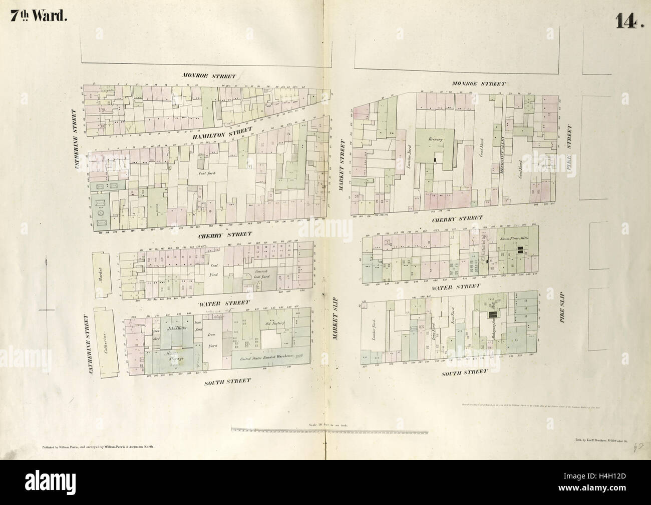 Piastra 14: mappa delimitata da Monroe Street, Pike Street, South Street, Catherine Street. 1852, 1854, William Perris, New York, N.Y. Foto Stock