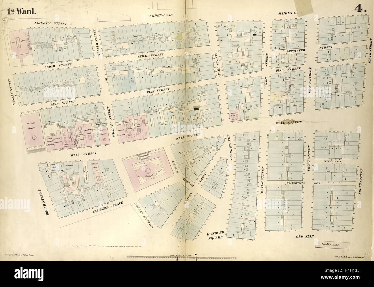 Piastra 4: Mappa delimitata da Liberty Street, Maiden Lane, South Street, vecchio di slittamento, William Street, luogo di scambio, Broad Street Foto Stock