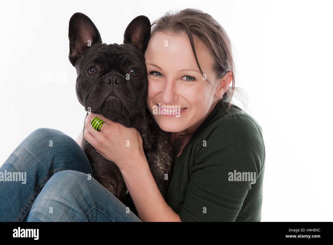 Donna e bulldog francese Foto Stock